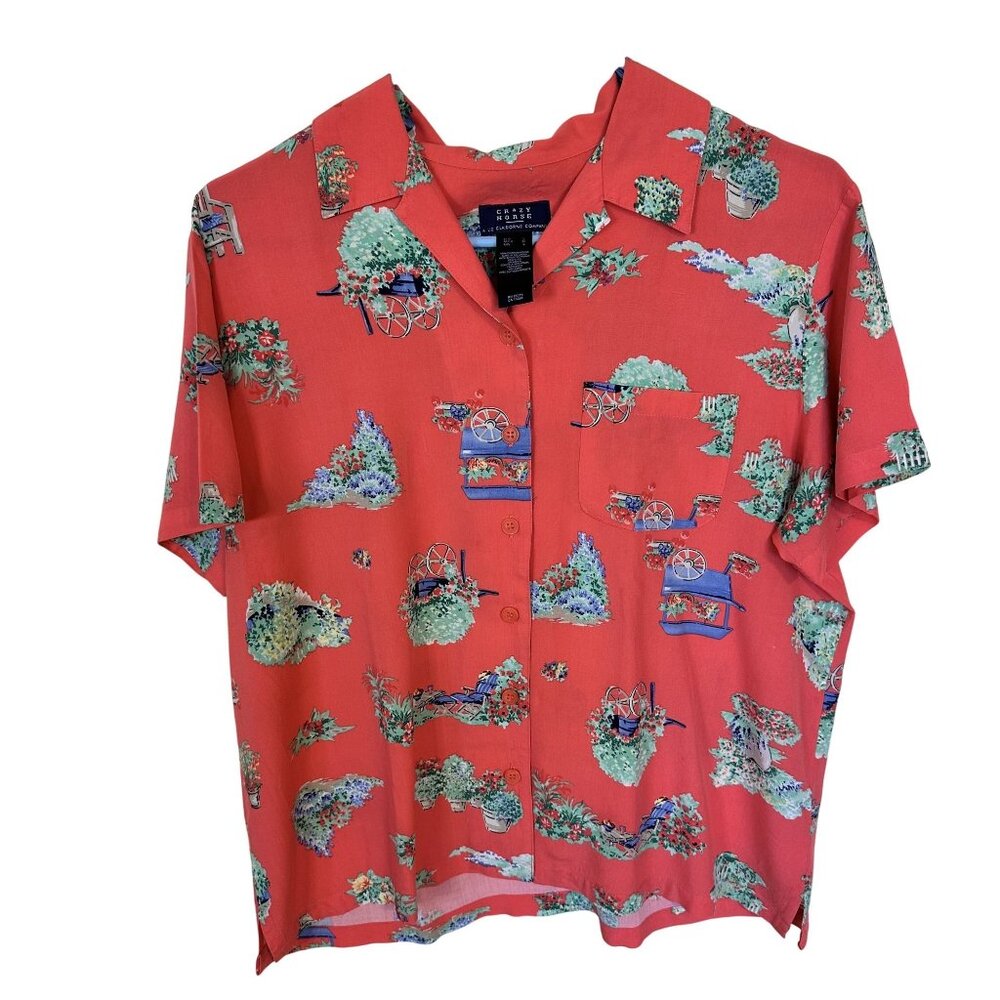 Womens Red Short Sleeve Button Up Shirt Large Crazy Horse Liz Claiborne Cottage